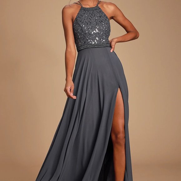 FOREVER IN LOVE Charcoal Grey Sequin Sleeveless Maxi Dress - Size US 6 - Picture 1 of 11